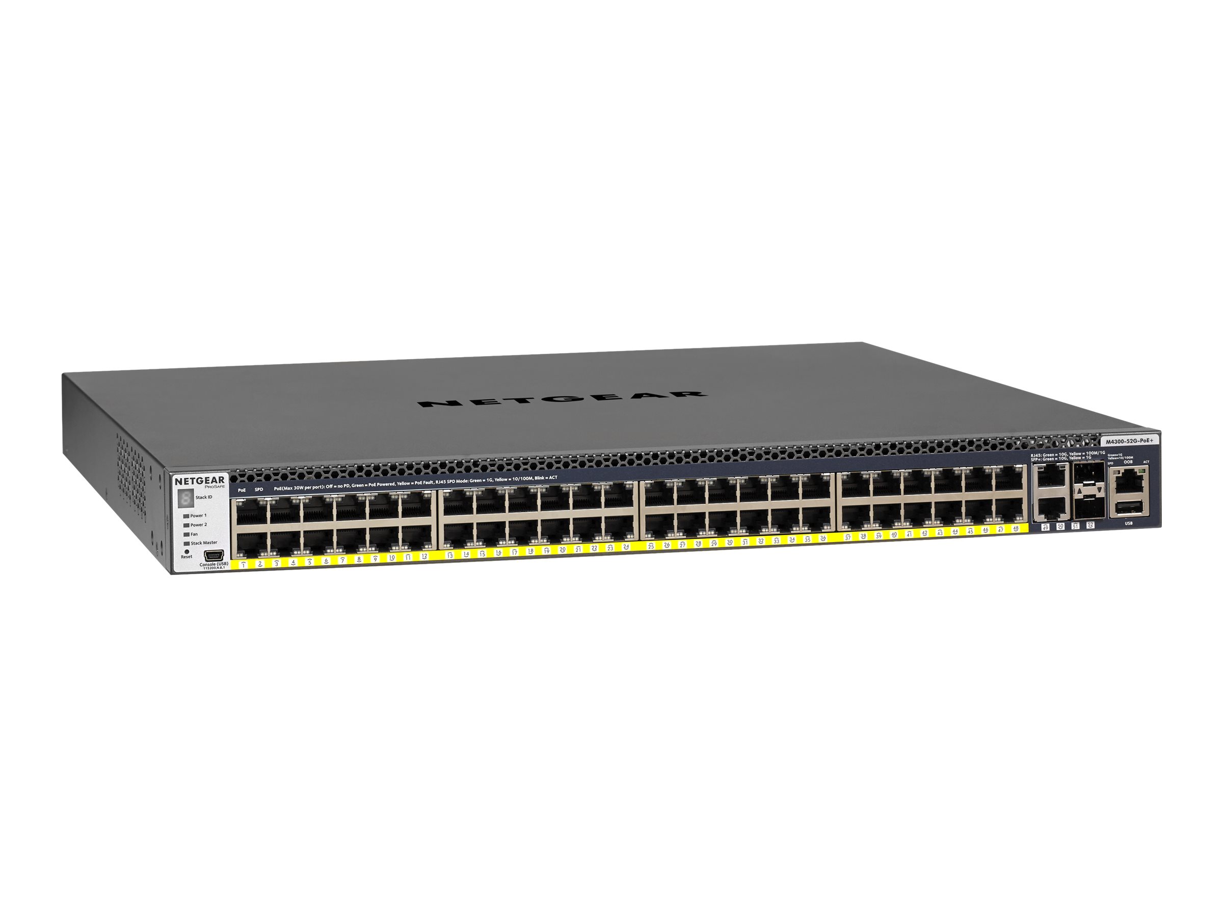 Netgear M4300-52G-PoE+ - Switch - L3 - managed - 2 x 10/100/1000/10000 + 2 x 10 Gigabit SFP+ + 48 x - Luftstrom von vorne nach hinten - an Rack montierbar - PoE+ (860 W)