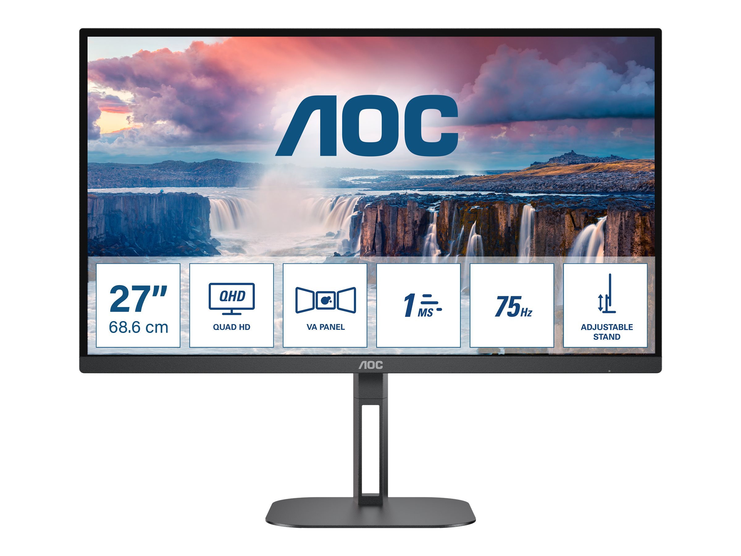 AOC Value-line Q27V5N/BK - V5 series - LED-Monitor - 2560 x 1440 QHD @ 75 Hz - VA - 300 cd/m² - 4000:1 - 4 ms - 2xHDMI - 2xDisplayPort - Lautsprecher - mattschwarz