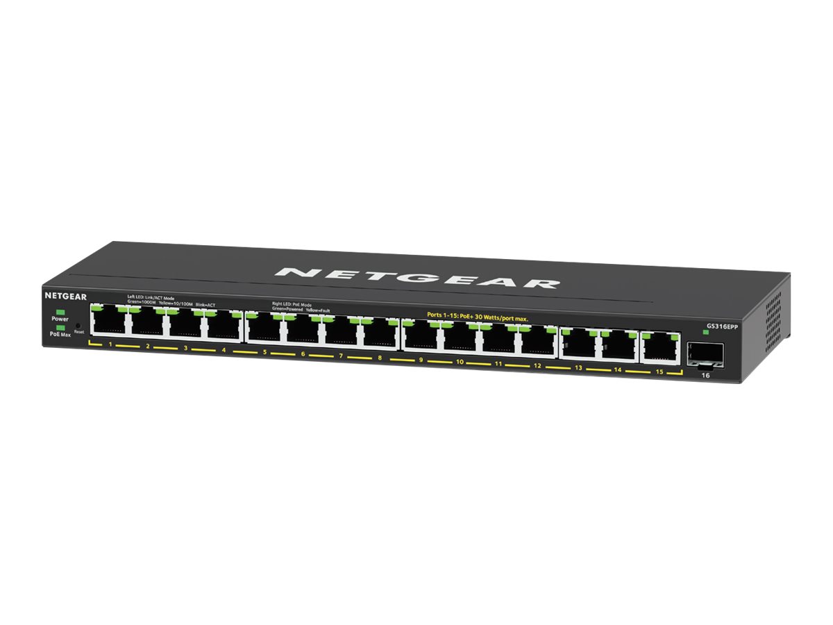 Netgear Plus GS316EPP - Switch - managed - 15 x - + 1 x SFP - Desktop - wandmontierbar - PoE+ (231 W) Netgear Plus GS316EPP - Switch - managed - 15 x - + 1 x SFP - Desktop - wandmontierbar - PoE+ (231 W)