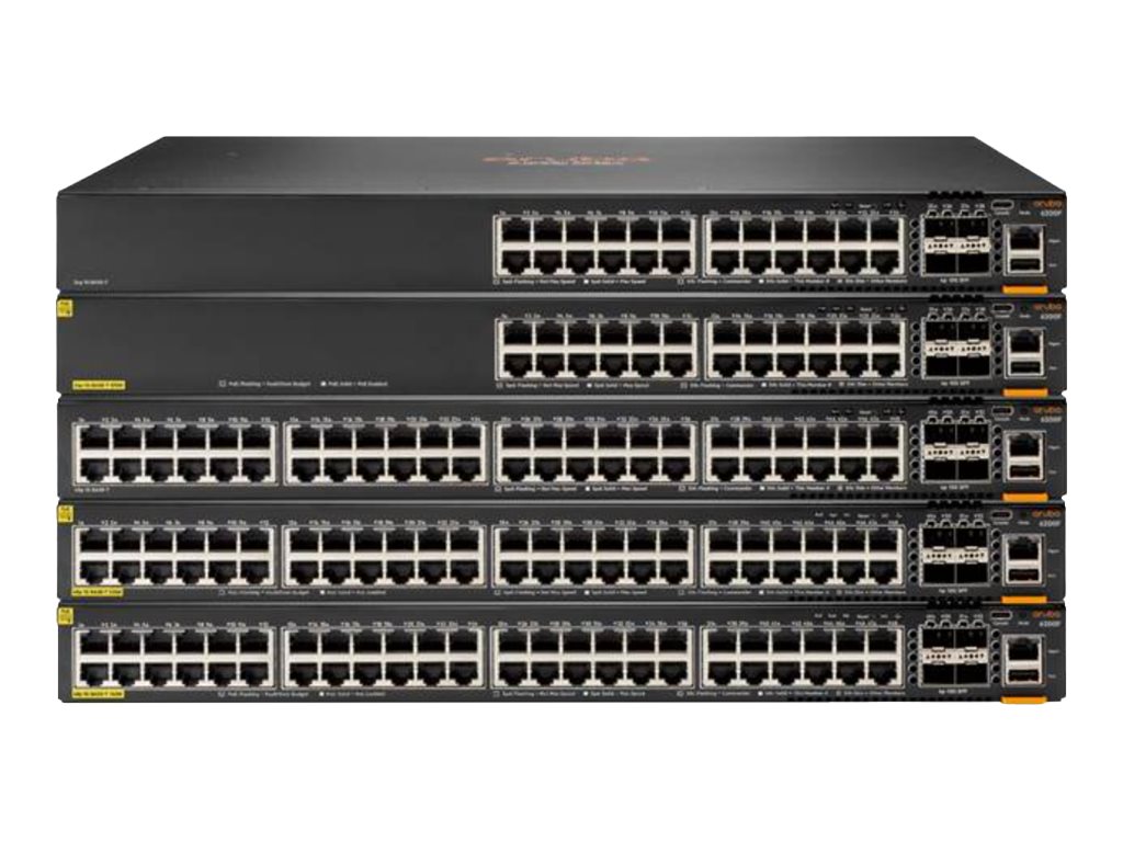HPE Aruba 6200M 24G Class4 PoE+ (740W) Switch - + 4 x 1 Gigabit / 10 Gigabit SFP+ (Uplink / Stacking) - Front und Seite zu Hinterseite - an Rack montierbar - PoE+ (740 W)