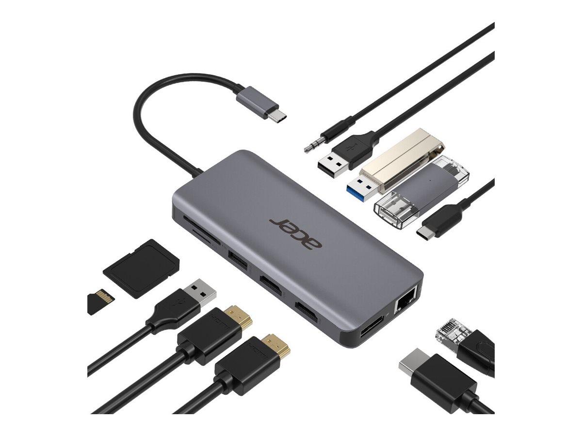 Acer 12-in-1-Adapter, Kabelgebunden, USB 3.2 Gen 1 - USB-C - 2 x HDMI - DP - 1GbE - für Chromebook 51X; Extensa 15; Predator Helios 300; Predator Triton 300; TravelMate Spin B3 Acer 12-in-1-Adapter, Kabelgebunden, USB 3.2 Gen 1 - USB-C - 2 x HDMI - DP - 1GbE - für Chromebook 51X; Extensa 15; Predator Helios 300; Predator Triton 300; TravelMate Spin B3