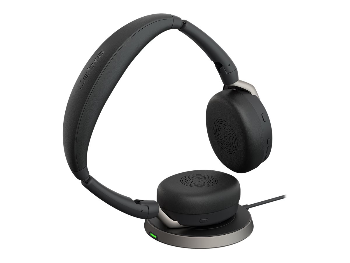 Jabra Evolve2 65 Flex UC Stereo - Headset - On-Ear - Bluetooth - kabellos - aktive Rauschunterdrückung - USB-A - Schwarz - mit kabelloses Ladepad - optimiert für UC