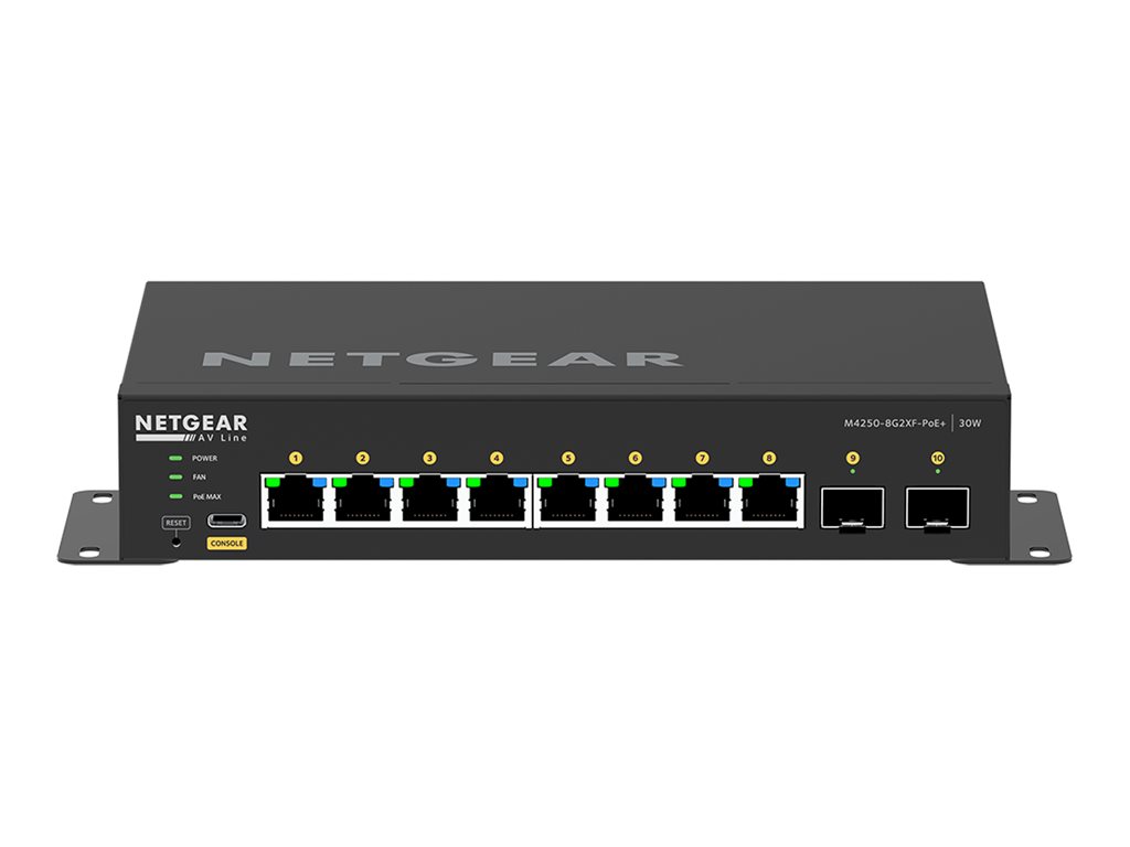 Netgear AV Line M4250-8G2XF-PoE+ - Switch - L3 - - + 2 x 10 Gigabit SFP+ - Seite-zu-Seite-Luftstrom - Desktop - PoE+ (220 W) Netgear AV Line M4250-8G2XF-PoE+ - Switch - L3 - - + 2 x 10 Gigabit SFP+ - Seite-zu-Seite-Luftstrom - Desktop - PoE+ (220 W)