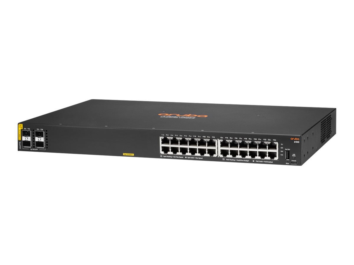 HPE Aruba 6100-24G Class4 PoE+ (370W) Switch24x10/100/1000 + 4x1G/10G SFP+ - + 4 x 1 Gigabit / 10 Gigabit SFP+ - Seite-zu-Seite-Luftstrom - an Rack montierbar - PoE+ (370 W) HPE Aruba 6100-24G Class4 PoE+ (370W) Switch24x10/100/1000 + 4x1G/10G SFP+ - + 4 x 1 Gigabit / 10 Gigabit SFP+ - Seite-zu-Seite-Luftstrom - an Rack montierbar - PoE+ (370 W)