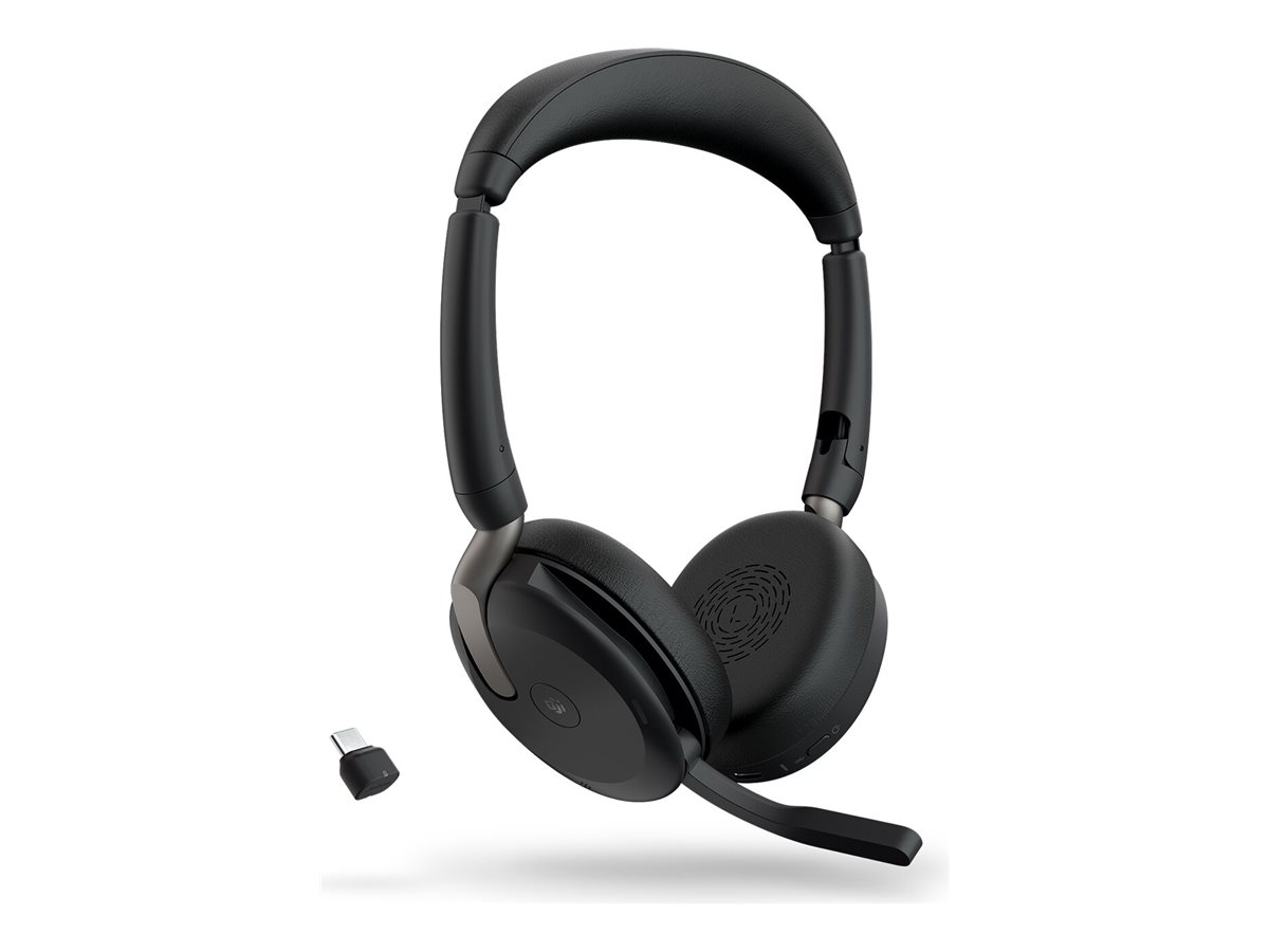 Jabra Evolve2 65 Flex MS Stereo Headset On-Earindukitves Ladepad, BT-Adapter - Bluetooth - kabellos - aktive Rauschunterdrückung - USB-A - Schwarz - mit kabelloses Ladepad - Zertifiziert für Microsoft Teams