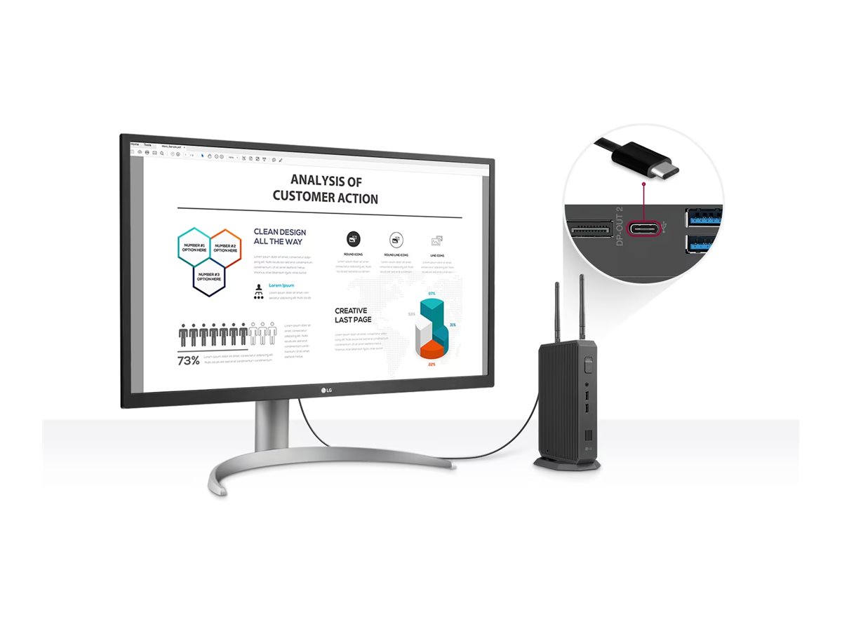 LG CQ600N-6N - Thin Client - USFF - 1 x Celeron - RAM 4 GB - Flash - eMMC 16 GB - UHD Graphics - 1GbE - WLAN: 802.11a/b/g/n/ac/ax - Bluetooth 5.1 - kein Betriebssystem - Monitor: keiner