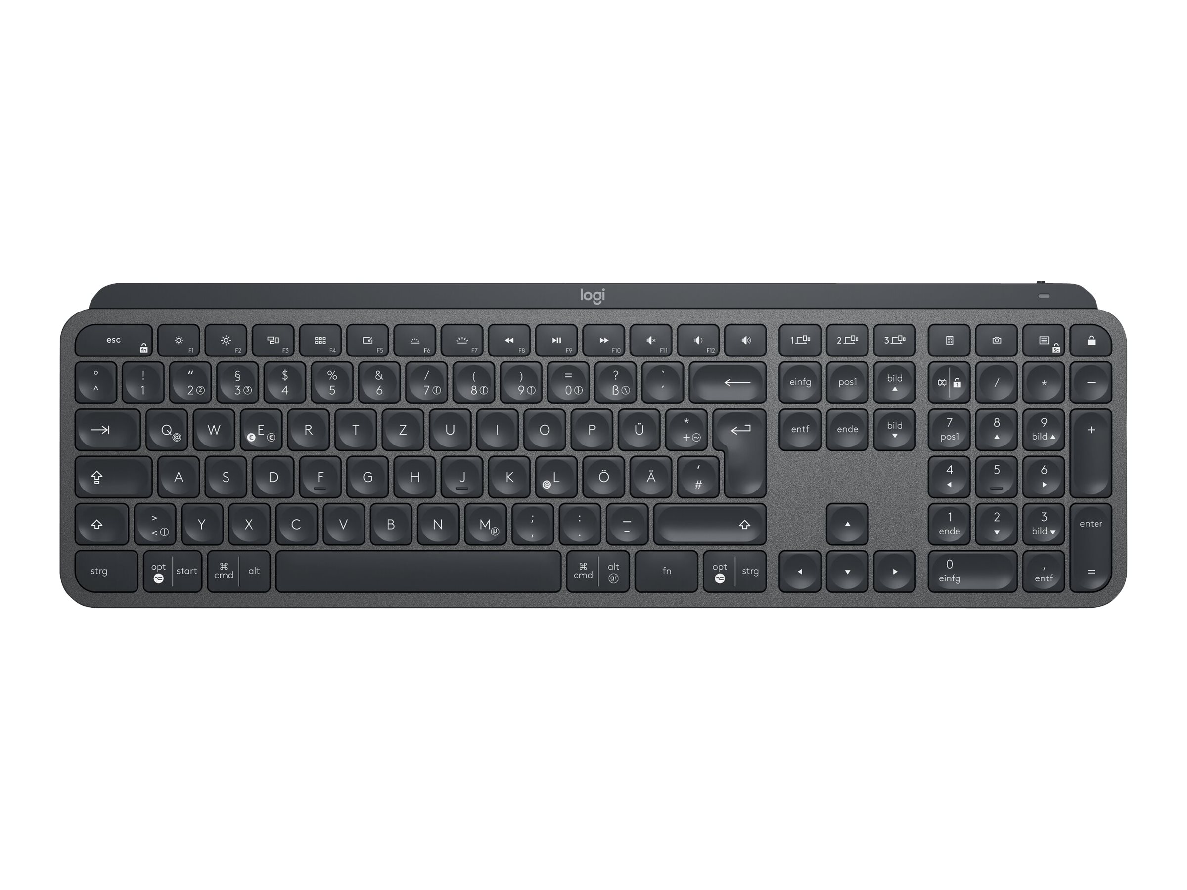 MX Keys Advanced Wireless Illuminated Keyboard - Tastatur - hinterleuchtet - kabellos - Bluetooth - 2.4 GHz - QWERTZ - Deutsch - Graphite