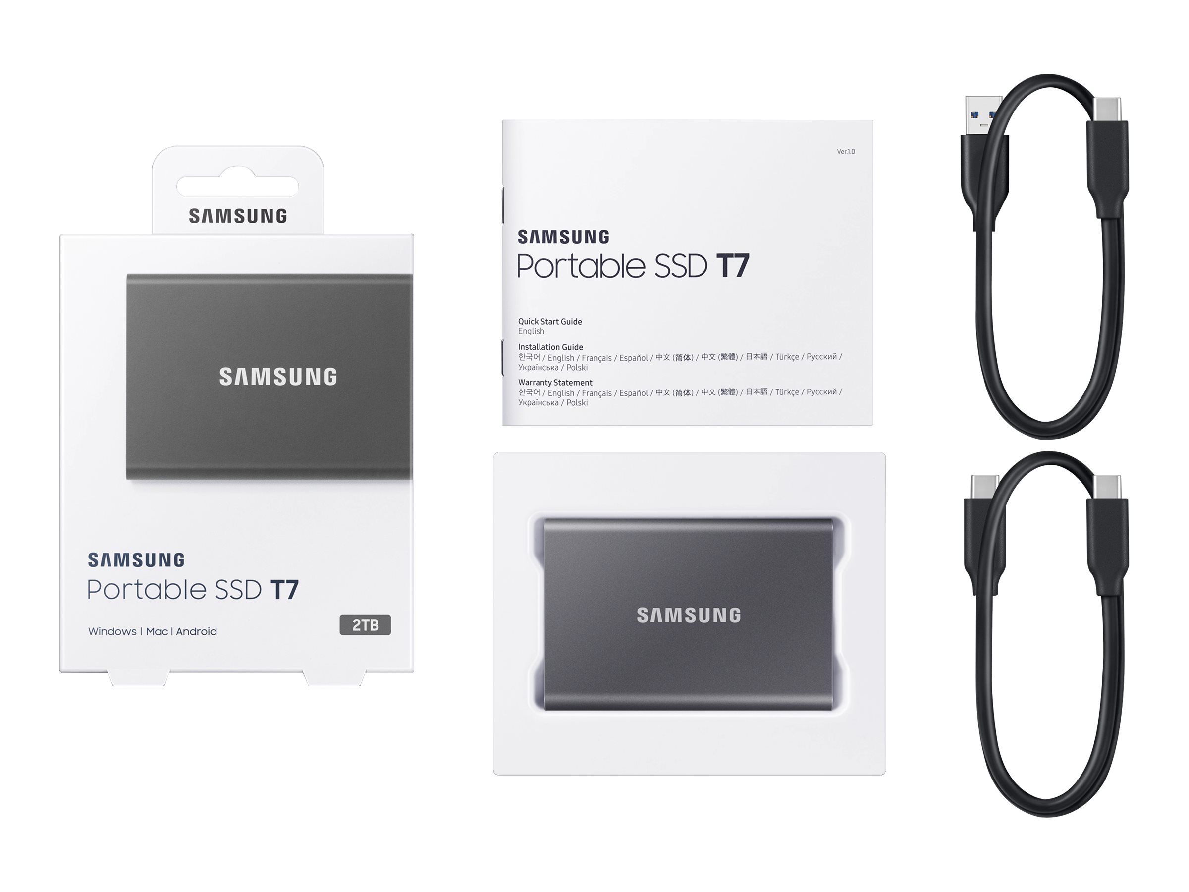 Samsung T7 MU-PC2T0T - SSD - verschlüsselt - 2 TB - extern (tragbar) - USB 3.2 Gen 2 (USB-C Steckverbinder) - 256-Bit-AES - Titan Gray