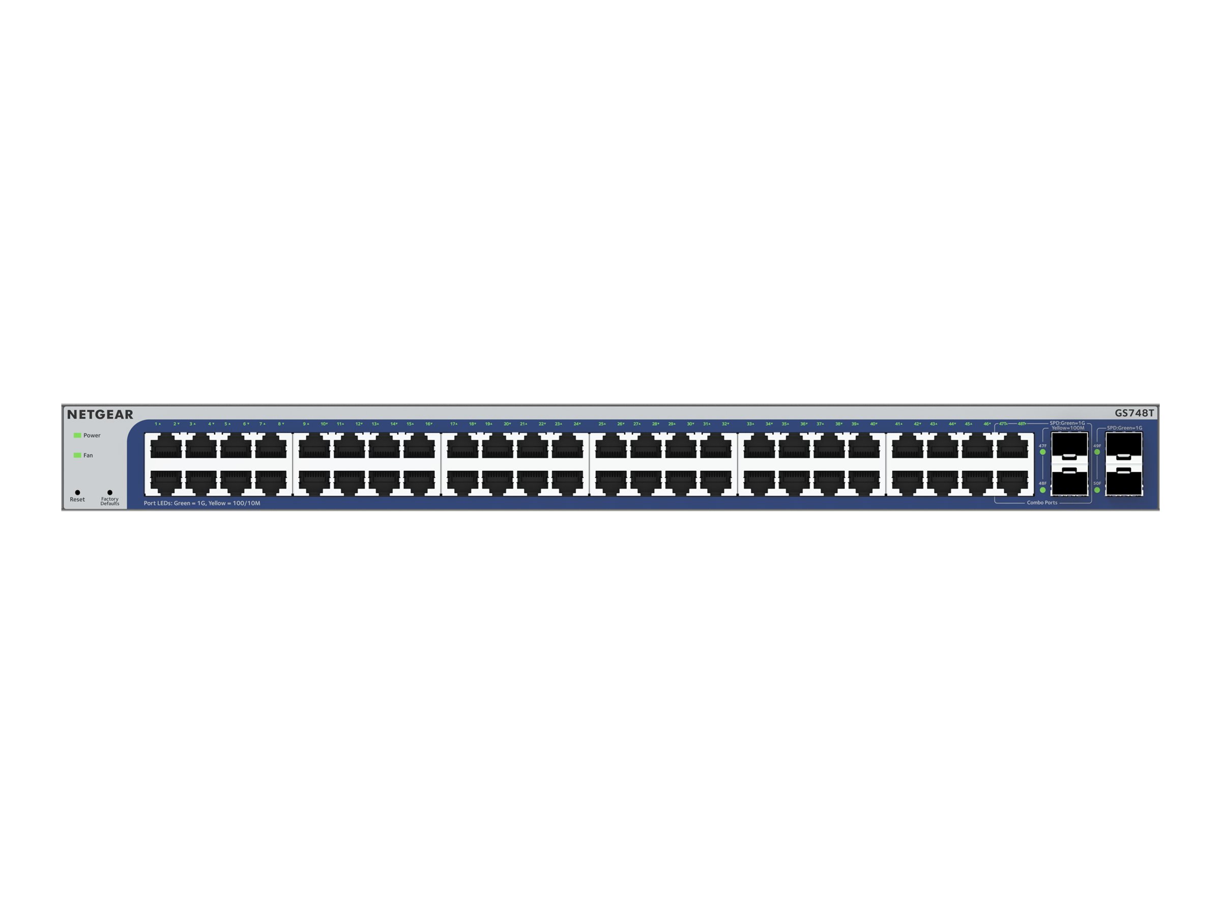 Netgear GS748T - V6 - Switch - L3 Lite - Smart - 48 x 10/100/1000 + 2 x Gigabit SFP + 2 x Kombi-Gigabit-SFP - Desktop - an Rack montierbar