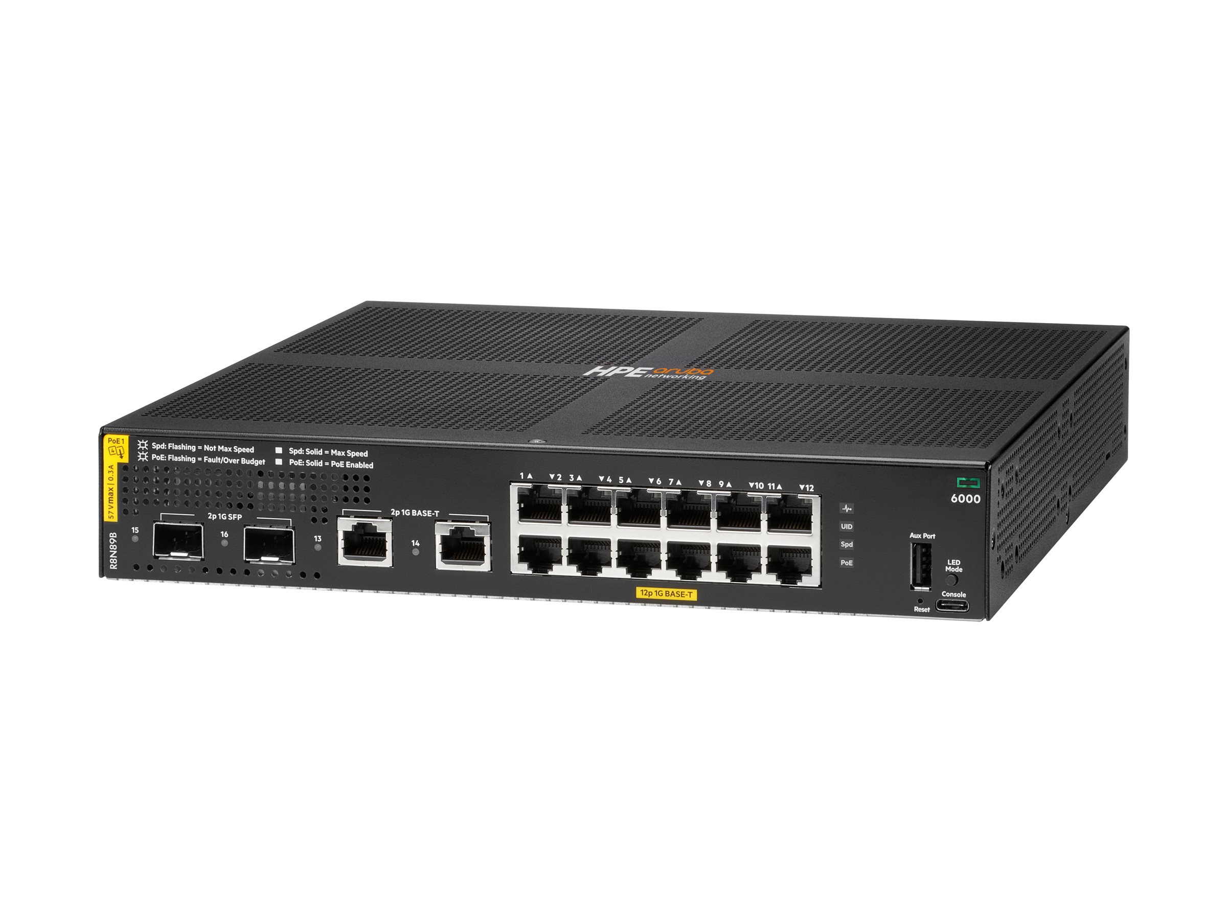 HPE Aruba Networking CX 6000 12p 10M/100M/1G Switch - + 2 x Gigabit SFP (Uplink) + 2 x Gigabit RJ-45 - an Rack montierbar - wandmontierbar - PoE+ (139 W) - BTO HPE Aruba Networking CX 6000 12p 10M/100M/1G Switch - + 2 x Gigabit SFP (Uplink) + 2 x Gigabit RJ-45 - an Rack montierbar - wandmontierbar - PoE+ (139 W) - BTO