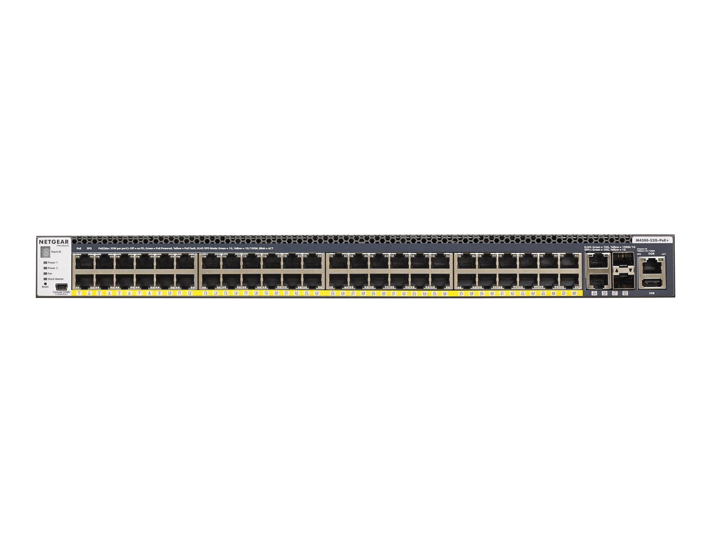 Netgear M4300-52G-PoE+ - Switch - L3 - managed - 2 x 10/100/1000/10000 + 2 x 10 Gigabit SFP+ + 48 x - Luftstrom von vorne nach hinten - an Rack montierbar - PoE+ (860 W)