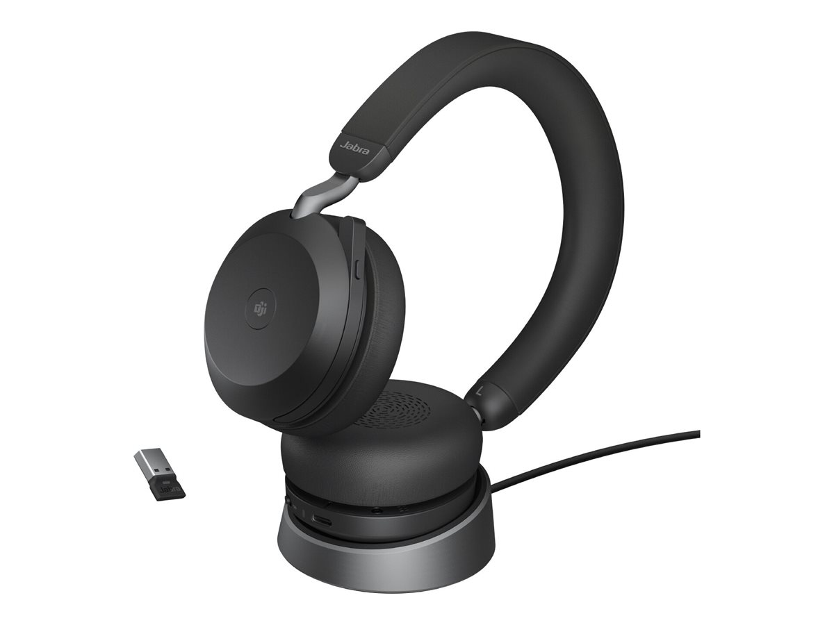 Jabra Evolve2 75 - Headset - On-Ear - Bluetooth - kabellos - aktive Rauschunterdrückung - USB-A - Geräuschisolierung - Schwarz - mit Ladestation - Zertifiziert für Microsoft Teams Jabra Evolve2 75 - Headset - On-Ear - Bluetooth - kabellos - aktive Rauschunterdrückung - USB-A - Geräuschisolierung - Schwarz - mit Ladestation - Zertifiziert für Microsoft Teams