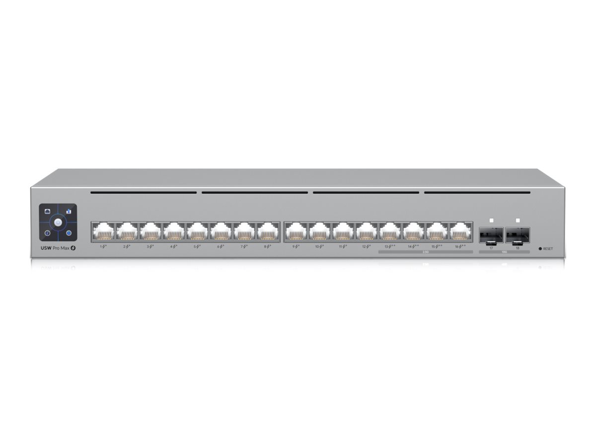 Ubiquiti UniFi Switch Pro Max 16 PoE - Switch - L3 - + 4 x 2.5GBase-T + 2 x 10 Gigabit Ethernet - Desktop - an Rack montierbar - PoE++ (180 W) - DC Ubiquiti UniFi Switch Pro Max 16 PoE - Switch - L3 - + 4 x 2.5GBase-T + 2 x 10 Gigabit Ethernet - Desktop - an Rack montierbar - PoE++ (180 W) - DC