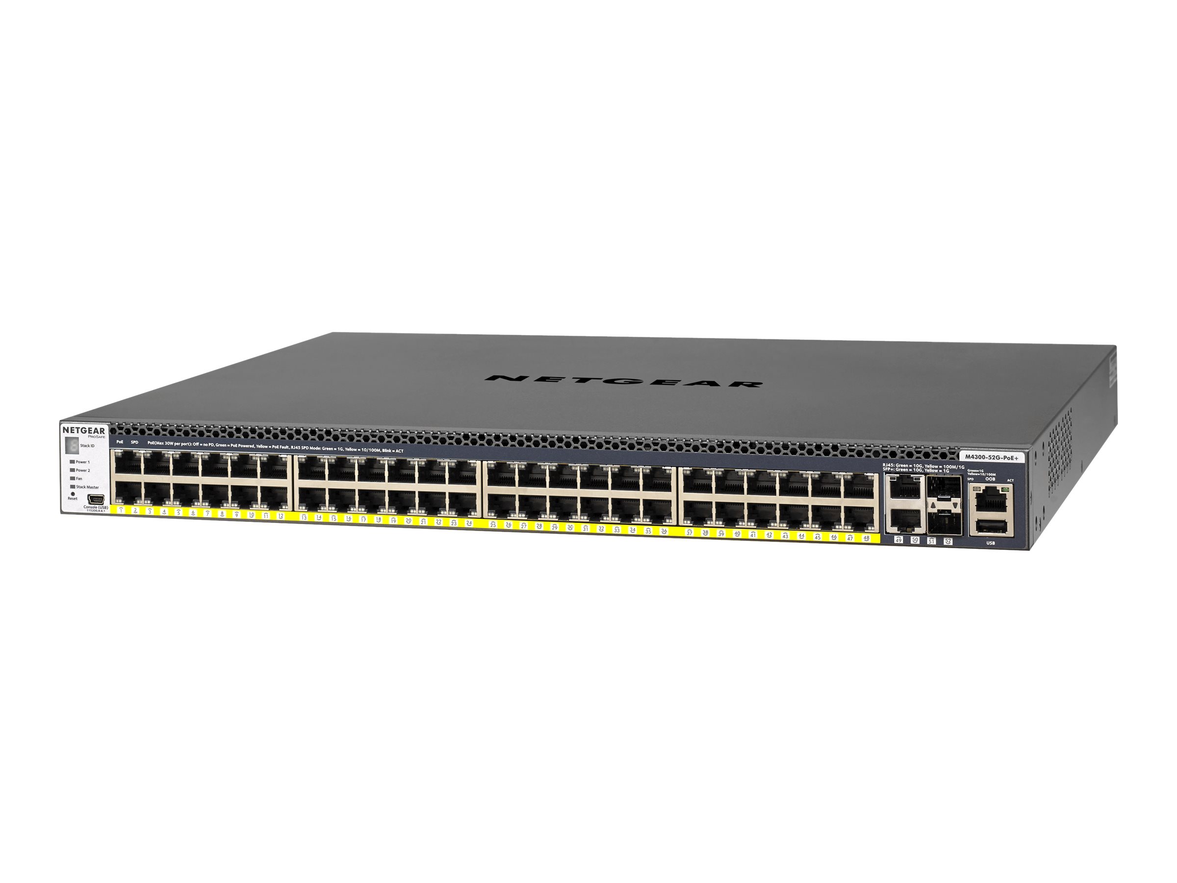 Netgear M4300-52G-PoE+ - Switch - L3 - managed - 2 x 10/100/1000/10000 + 2 x 10 Gigabit SFP+ + 48 x - Luftstrom von vorne nach hinten - an Rack montierbar - PoE+ (480 W) Netgear M4300-52G-PoE+ - Switch - L3 - managed - 2 x 10/100/1000/10000 + 2 x 10 Gigabit SFP+ + 48 x - Luftstrom von vorne nach hinten - an Rack montierbar - PoE+ (480 W)