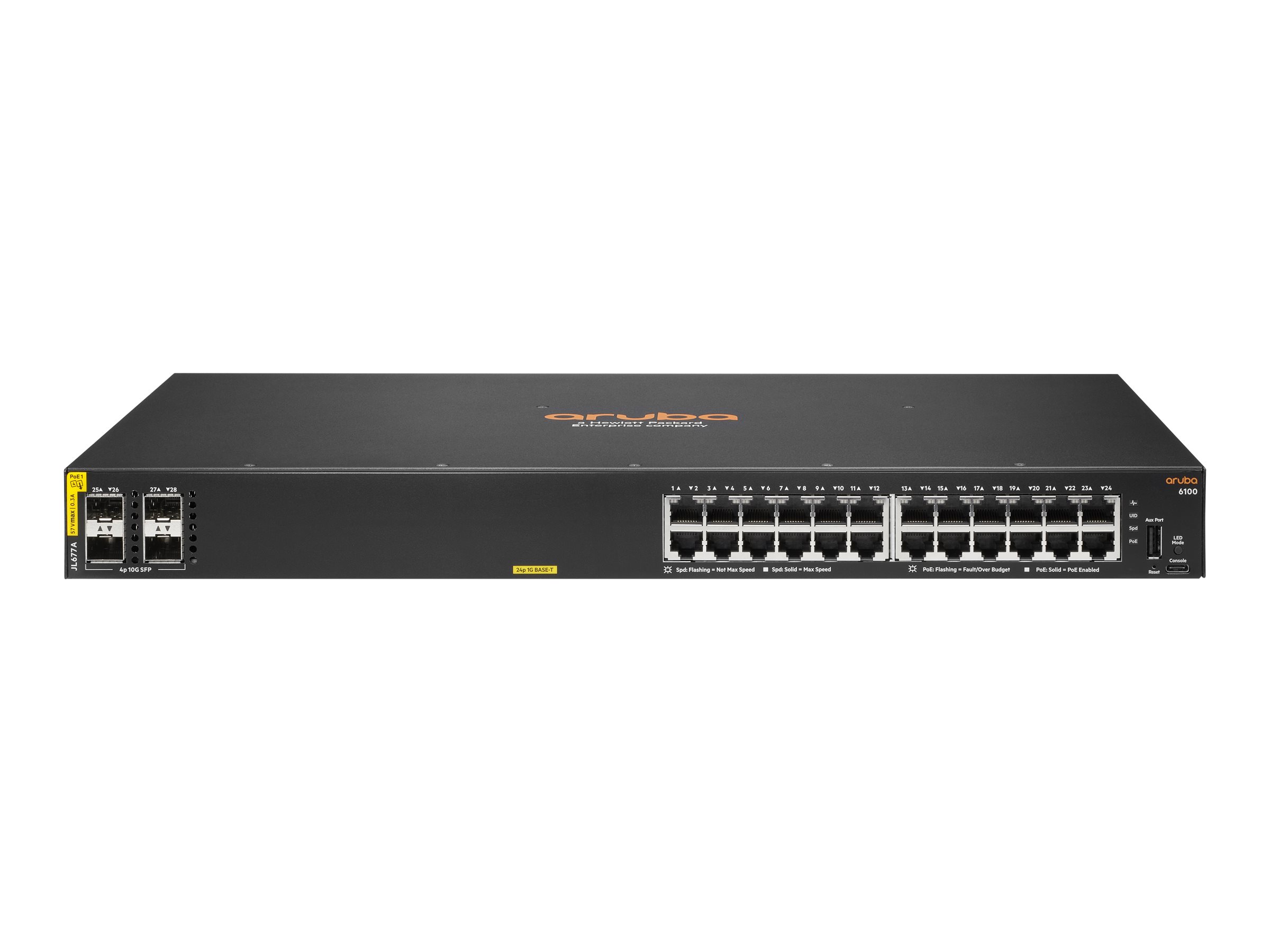 HPE Aruba 6100-24G Class4 PoE+ (370W) Switch24x10/100/1000 + 4x1G/10G SFP+ - + 4 x 1 Gigabit / 10 Gigabit SFP+ - Seite-zu-Seite-Luftstrom - an Rack montierbar - PoE+ (370 W)