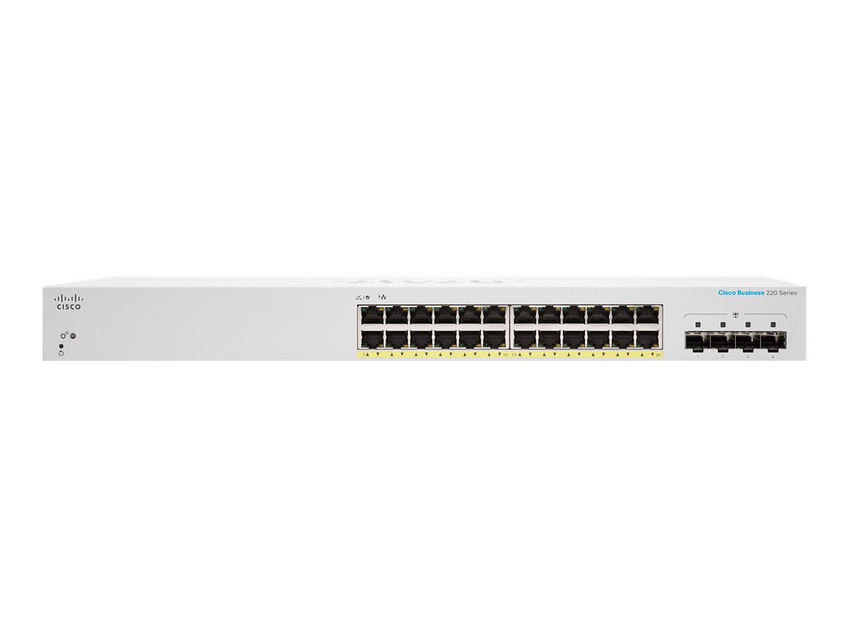 Cisco Business 220 Series CBS220-24P-4G Switch24x10/100/1000 (PoE+) 195W 4xGigabit SFP Uplink - + 4 x Gigabit SFP (Uplink) - an Rack montierbar - PoE+ (195 W) Cisco Business 220 Series CBS220-24P-4G Switch24x10/100/1000 (PoE+) 195W 4xGigabit SFP Uplink - + 4 x Gigabit SFP (Uplink) - an Rack montierbar - PoE+ (195 W)