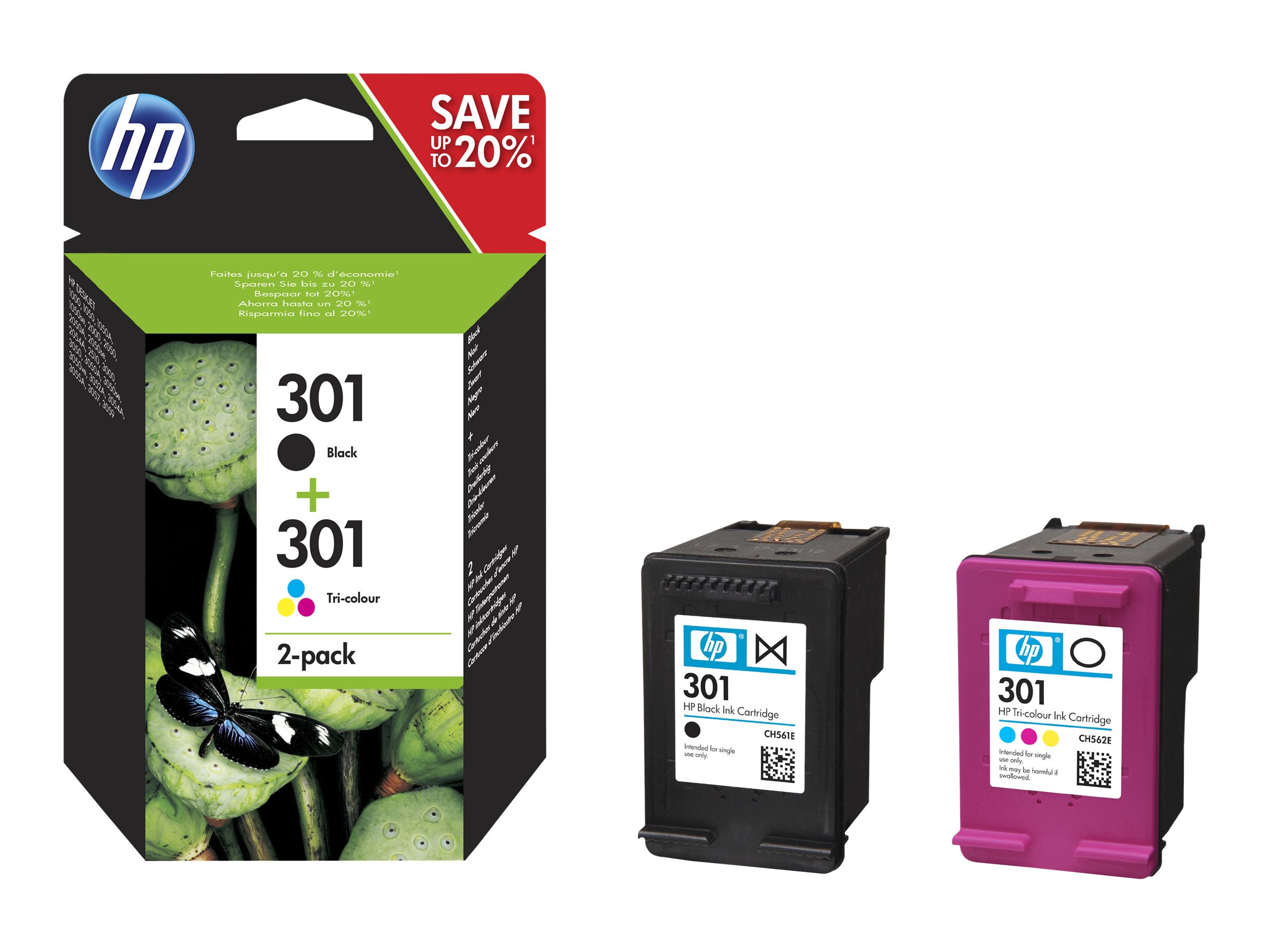 HP 301 - 2er-Pack - Schwarz, Farbe (Cyan, Magenta, Gelb) - Original - Tintenpatrone - für Deskjet 1050A J410 - 1051A J410 - 10XX - 10XX J410 - 15XX - 2000 - 2050 J510 - 2050A J510 - 2054A J510 - 25XX - 3000 - 3050 J610 - 3050A J611 - 3052A J611 - 3054A J…