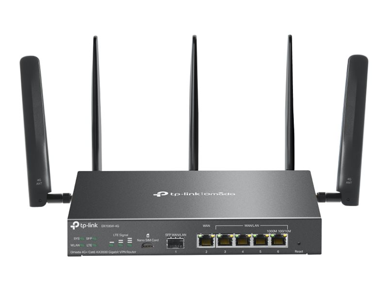 TP-LINK Omada ER706W-4G V1 - Wireless Router - WWAN 5-Port-Switch - 1GbE - WAN-Ports: 6 - Wi-Fi 6 - Dual-Band - 4G - wandmontierbar