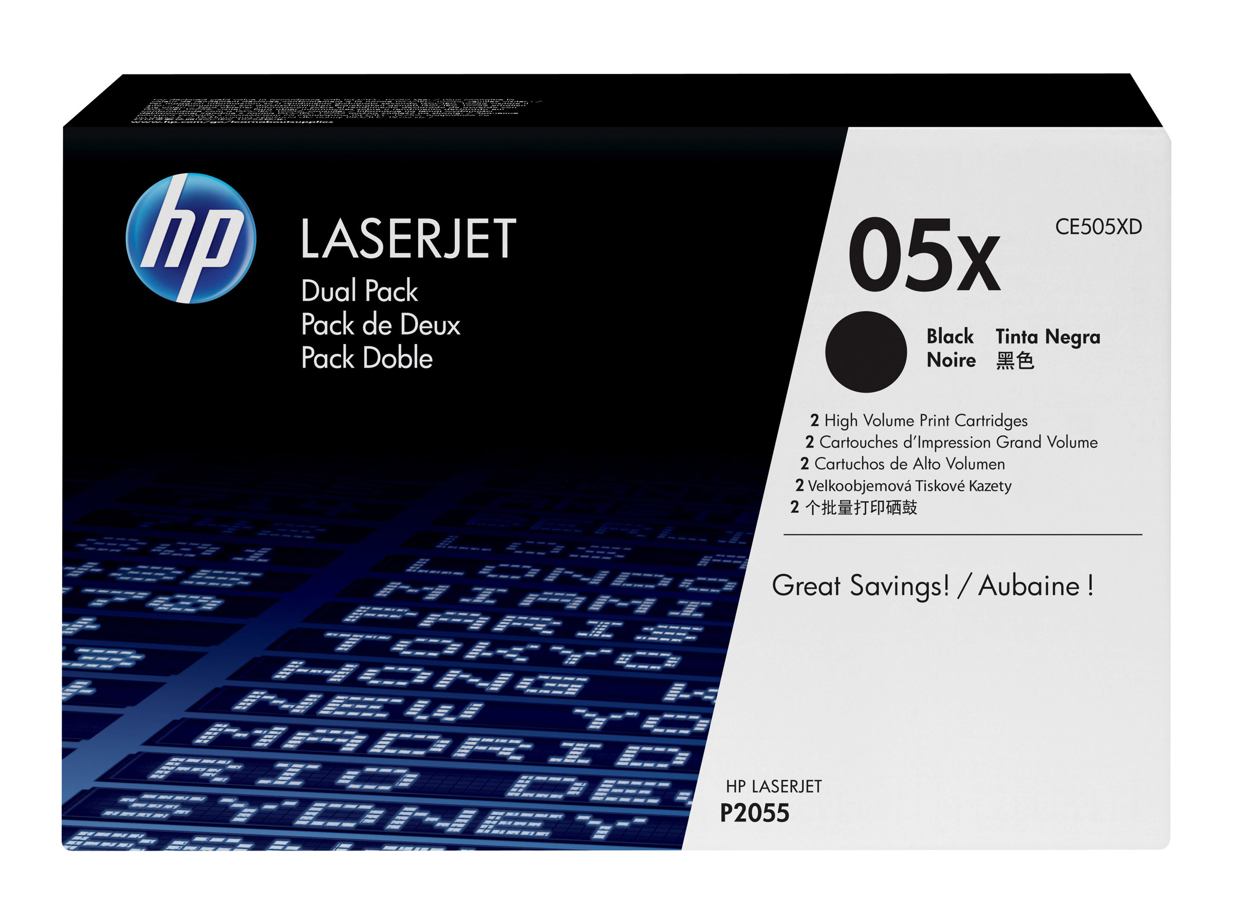HP 05X - 2er-Pack - Hohe Ergiebigkeit - Schwarz - original - LaserJet - Tonerpatrone (CE505XD) - für LaserJet P2055 - P2055d - P2055dn - P2055x HP 05X - 2er-Pack - Hohe Ergiebigkeit - Schwarz - original - LaserJet - Tonerpatrone (CE505XD) - für LaserJet P2055 - P2055d - P2055dn - P2055x