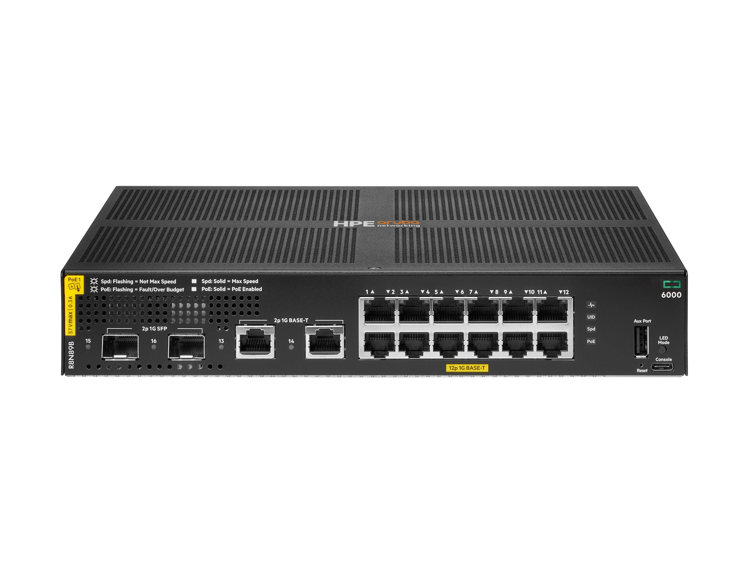 HPE Aruba Networking CX 6000 12p 10M/100M/1G Switch - + 2 x Gigabit SFP (Uplink) + 2 x Gigabit RJ-45 - an Rack montierbar - wandmontierbar - PoE+ (139 W) - BTO
