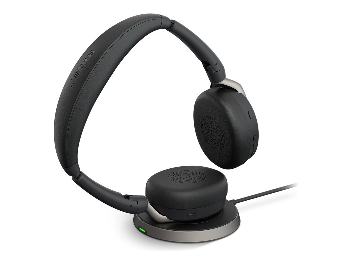 Jabra Evolve2 65 Flex MS Stereo Headset On-Earindukitves Ladepad, BT-Adapter - Bluetooth - kabellos - aktive Rauschunterdrückung - USB-A - Schwarz - mit kabelloses Ladepad - Zertifiziert für Microsoft Teams