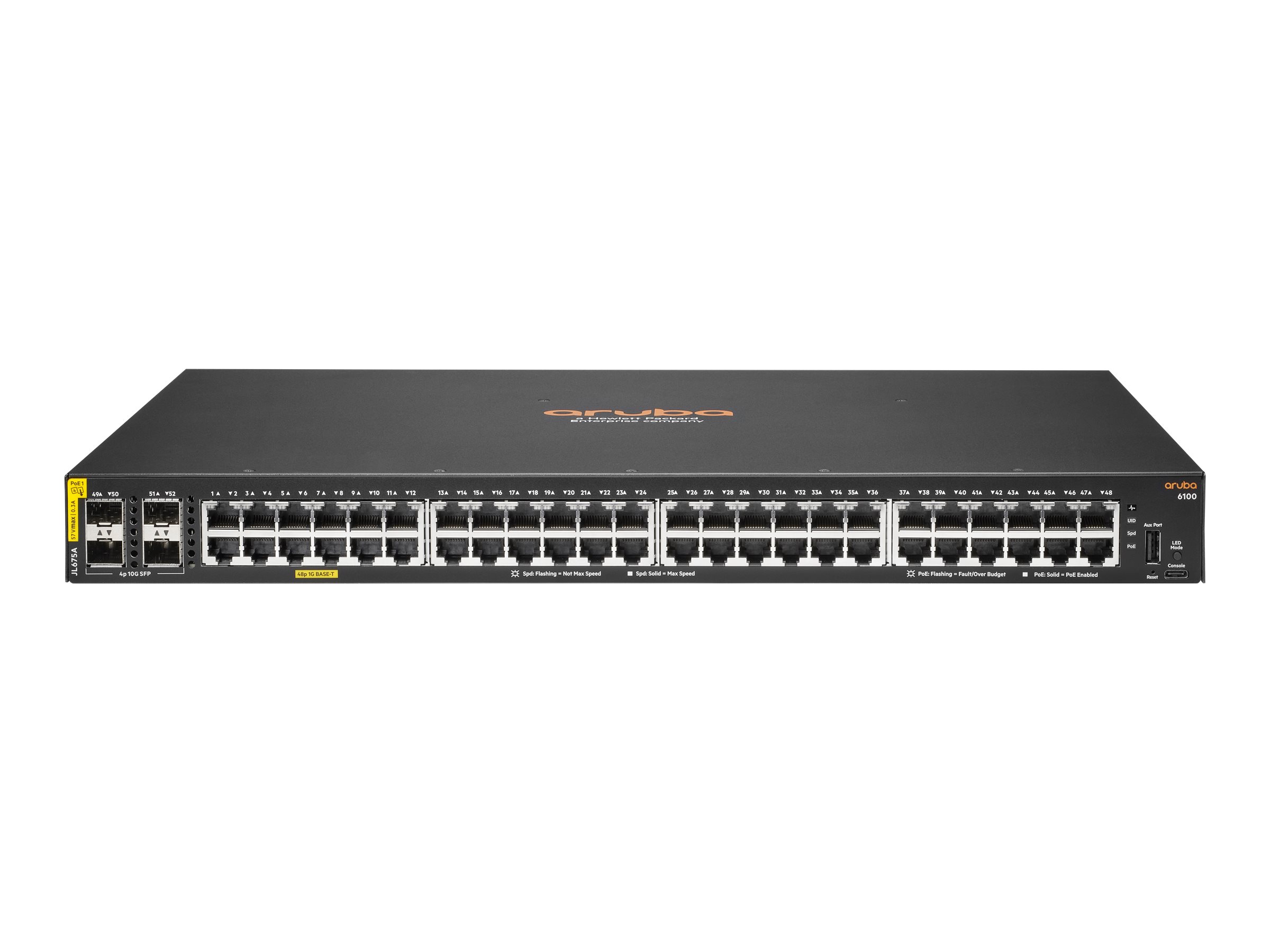 Hewlett Packard Enterprise Aruba 6100 48G Class4 - + 4 x 1 Gigabit / 10 Gigabit SFP+ - Seite-zu-Seite-Luftstrom - an Rack montierbar - PoE+ (370 W)