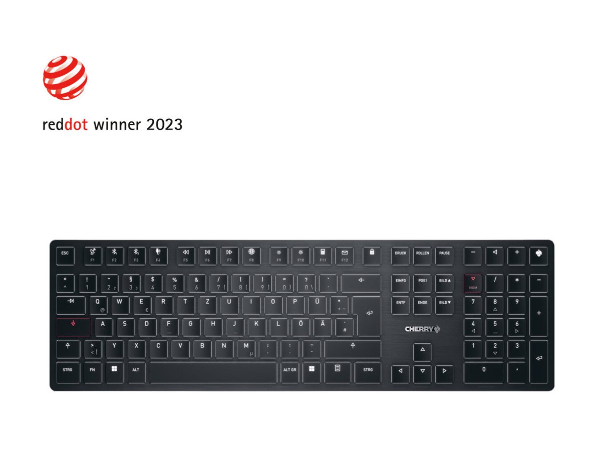 Cherry KW X ULP - Tastatur - hintergrundbeleuchtet - kabellos - 2.4 GHz - Bluetooth 5.2 - kabelgebunden - QWERTZ - Deutsch - Tastenschalter: CHERRY MX Ultra Low Profile - Schwarz - plastikfreie Verpackung