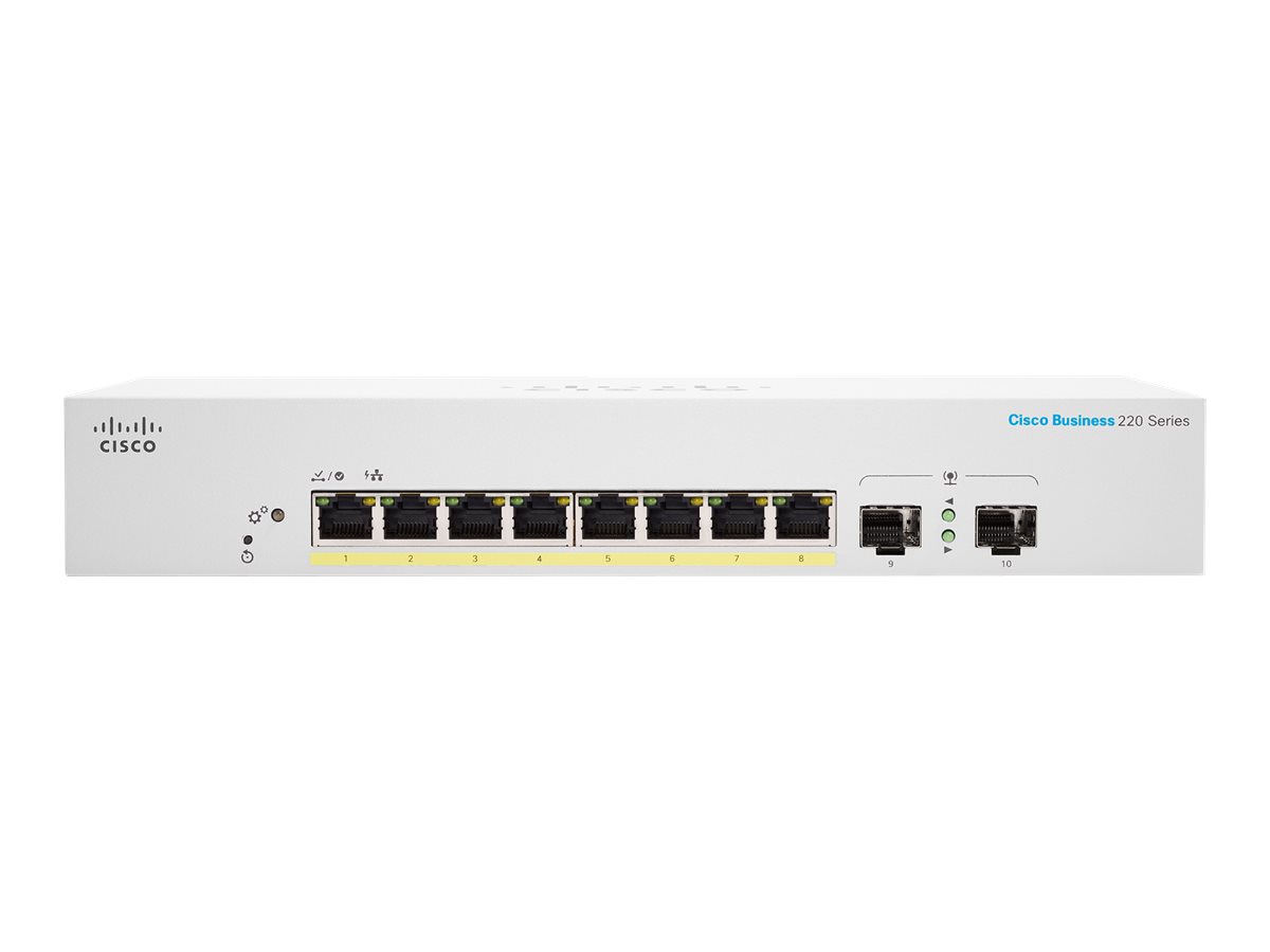 Cisco Business 220 Series CBS220-8P-E-2G - Switch - + 2 x Gigabit SFP (Uplink) - an Rack montierbar - PoE+ (67 W) Cisco Business 220 Series CBS220-8P-E-2G - Switch - + 2 x Gigabit SFP (Uplink) - an Rack montierbar - PoE+ (67 W)