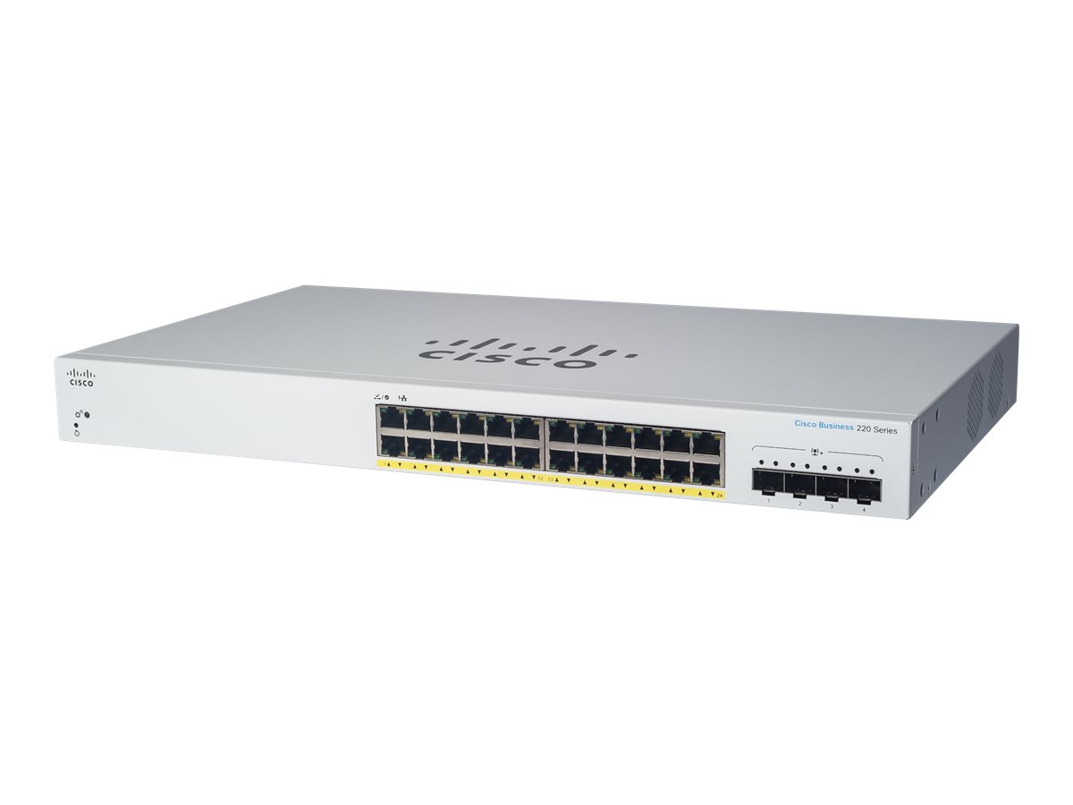 Cisco Business 220 Series CBS220-24P-4G Switch24x10/100/1000 (PoE+) 195W 4xGigabit SFP Uplink - + 4 x Gigabit SFP (Uplink) - an Rack montierbar - PoE+ (195 W)