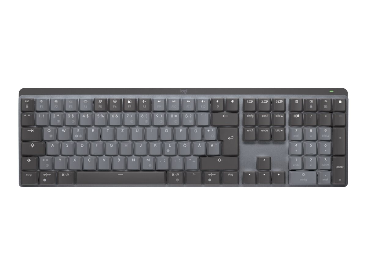 Logitech MX Mechanical, Volle Größe (100%), RFWireless + Bluetooth, Mechanischer Switch, QWERTZ, - hinterleuchtet - kabellos - Bluetooth LE - QWERTZ - Deutsch - Tastenschalter: Tactile Quiet - Graphite